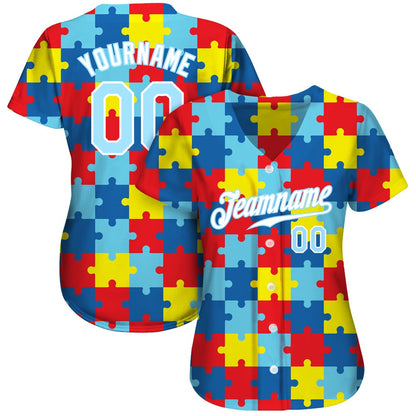 USA Baseball Jersey, Custom Autism Awareness Puzzle Pieces Light Blue White 3D Authentic Baseball Jersey, Team Jerseys Baseball