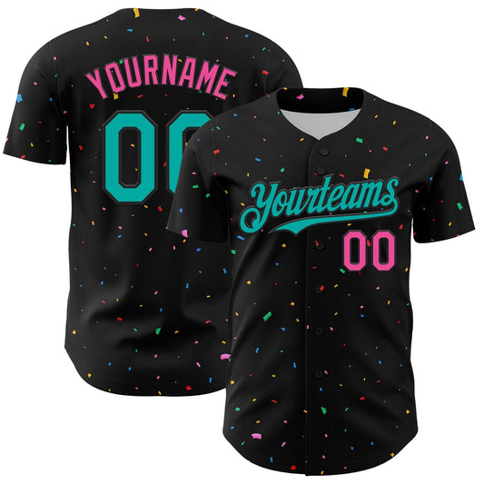 USA Baseball Jersey, Custom Black Aqua Pink 3D Pattern Design Confetti Authentic Baseball Jersey, Team Jerseys Baseball