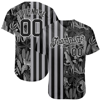 USA Baseball Jersey, Custom Black Black Gray 3D Pattern Design Leopards And Tropical Palm Leaves Authentic Baseball Jersey, Team Jerseys Baseball