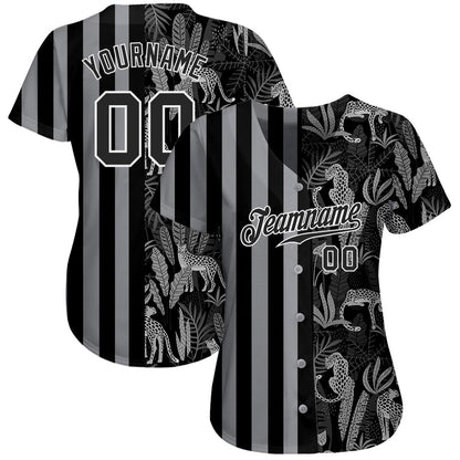 USA Baseball Jersey, Custom Black Black Gray 3D Pattern Design Leopards And Tropical Palm Leaves Authentic Baseball Jersey, Team Jerseys Baseball