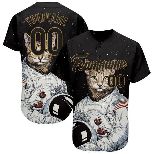 USA Baseball Jersey, Custom Black Black Old Gold 3D Pattern Design Astronaut Authentic Baseball Jersey, Team Jerseys Baseball