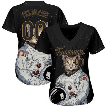 USA Baseball Jersey, Custom Black Black Old Gold 3D Pattern Design Astronaut Authentic Baseball Jersey, Team Jerseys Baseball
