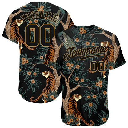 USA Baseball Jersey, Custom Black Black Old Gold 3D Pattern Design Tiger And Peacock Authentic Baseball Jersey, Team Jerseys Baseball