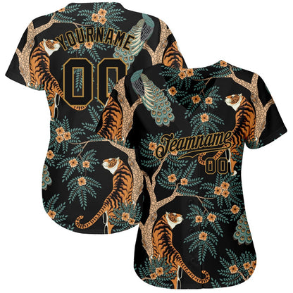 USA Baseball Jersey, Custom Black Black Old Gold 3D Pattern Design Tiger And Peacock Authentic Baseball Jersey, Team Jerseys Baseball
