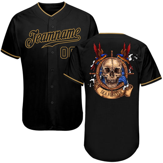 USA Baseball Jersey, Custom Black Black Old Gold Authentic Skull Fashion Baseball Jersey, Team Jerseys Baseball