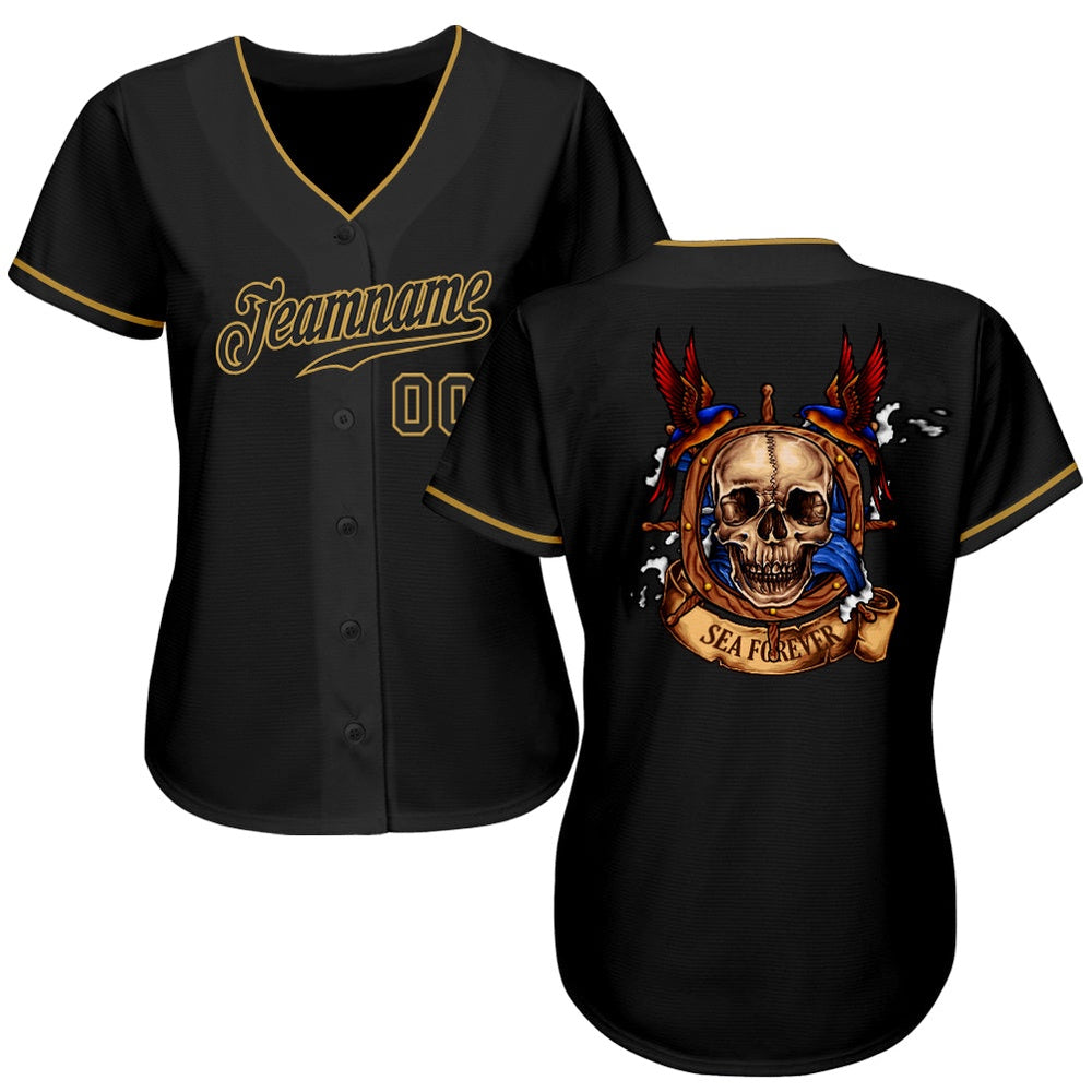 USA Baseball Jersey, Custom Black Black Old Gold Authentic Skull Fashion Baseball Jersey, Team Jerseys Baseball
