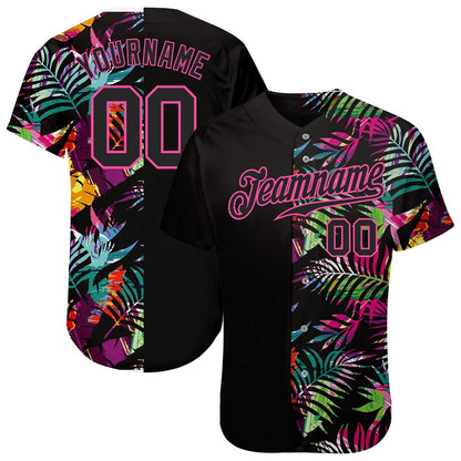 USA Baseball Jersey, Custom Black Black Pink 3D Pattern Design Tropical Palm Leaves Authentic Baseball Jersey, Team Jerseys Baseball