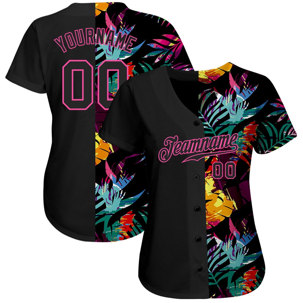 USA Baseball Jersey, Custom Black Black Pink 3D Pattern Design Tropical Palm Leaves Authentic Baseball Jersey, Team Jerseys Baseball