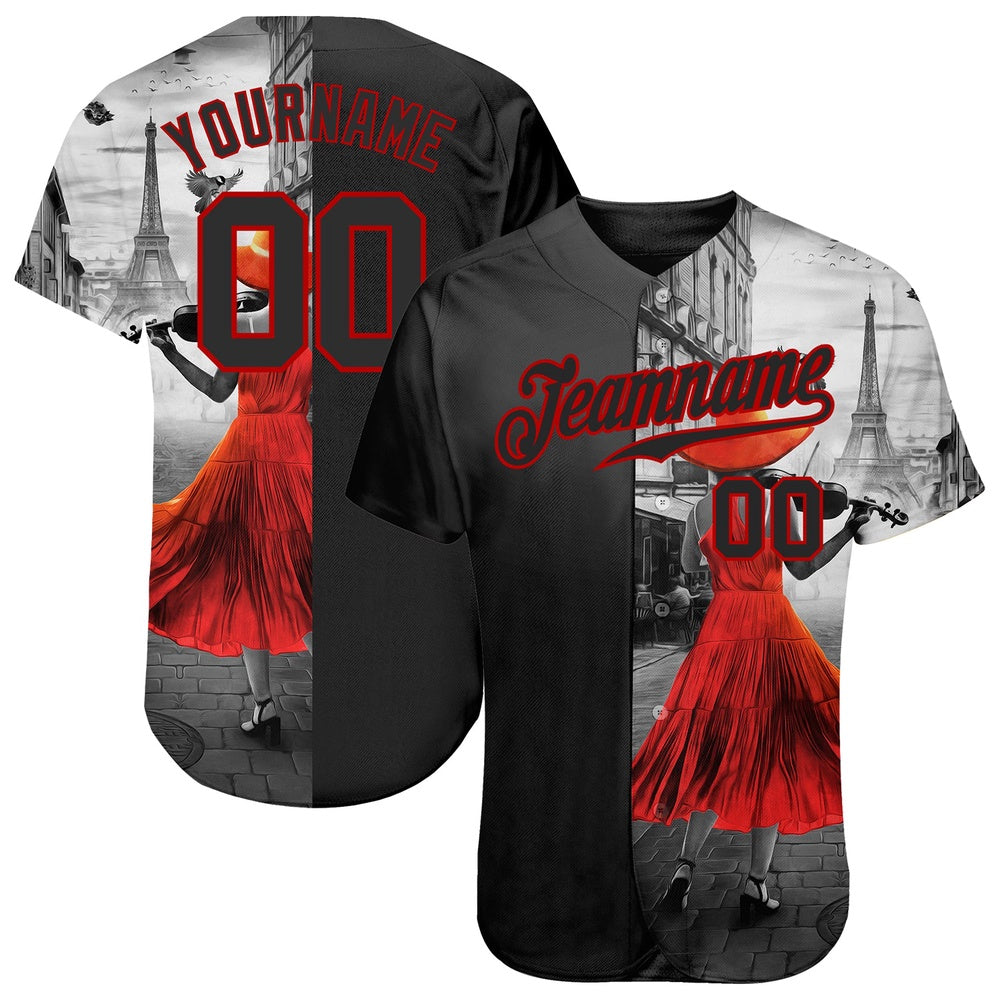 USA Baseball Jersey, Custom Black Black Red 3D Pattern Design A Girl With The Eiffel Tower Authentic Baseball Jersey, Team Jerseys Baseball