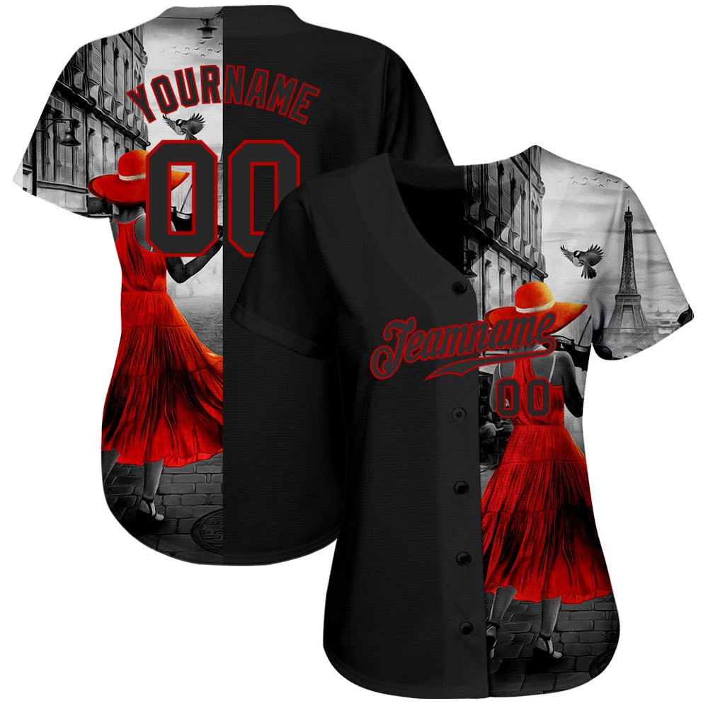 USA Baseball Jersey, Custom Black Black Red 3D Pattern Design A Girl With The Eiffel Tower Authentic Baseball Jersey, Team Jerseys Baseball
