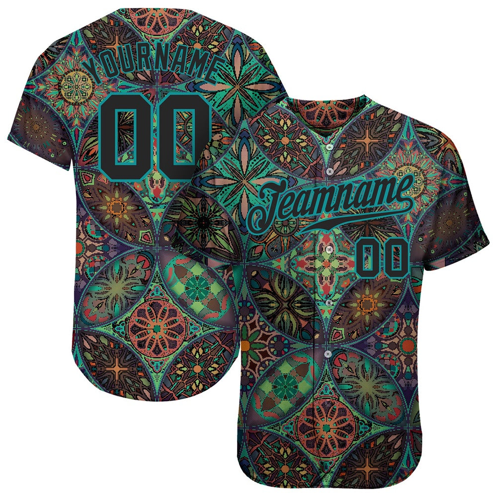 USA Baseball Jersey, Custom Black Black Teal 3D Pattern Design Mandalas Authentic Baseball Jersey, Team Jerseys Baseball