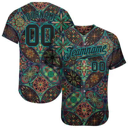 USA Baseball Jersey, Custom Black Black Teal 3D Pattern Design Mandalas Authentic Baseball Jersey, Team Jerseys Baseball