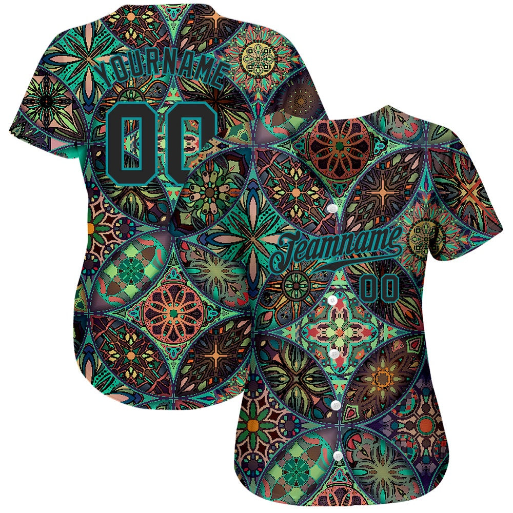 USA Baseball Jersey, Custom Black Black Teal 3D Pattern Design Mandalas Authentic Baseball Jersey, Team Jerseys Baseball