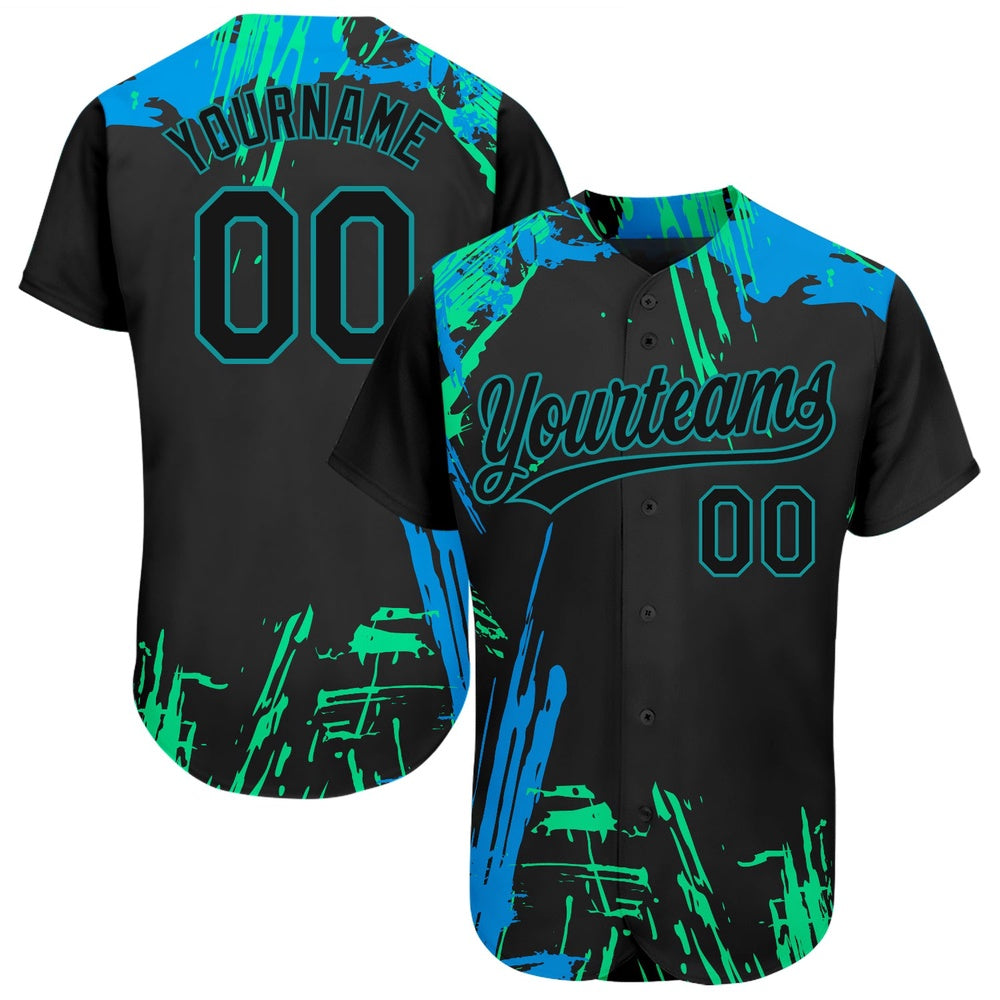 USA Baseball Jersey, Custom Black Black Teal Light Blue 3D Pattern Design Authentic Baseball Jersey, Team Jerseys Baseball