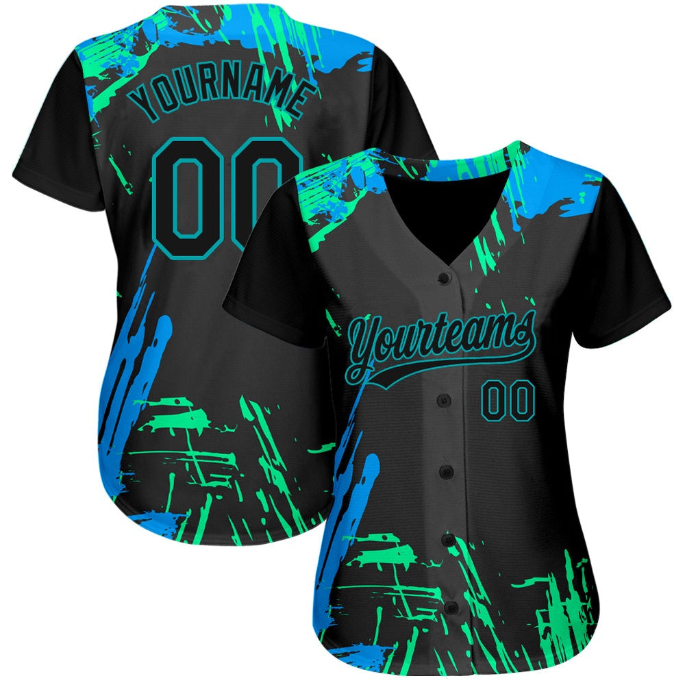 USA Baseball Jersey, Custom Black Black Teal Light Blue 3D Pattern Design Authentic Baseball Jersey, Team Jerseys Baseball