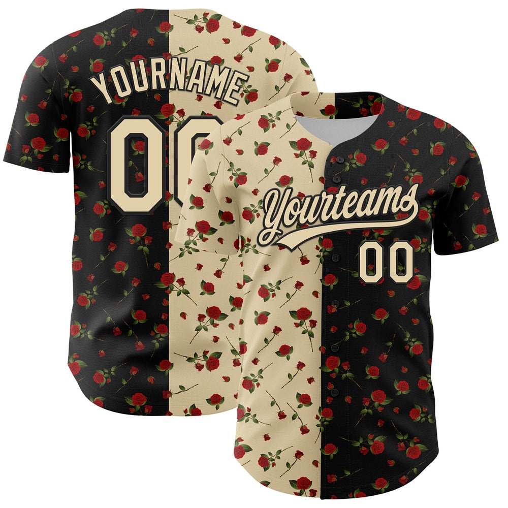 USA Baseball Jersey, Custom Black Cream 3D Pattern Design Gothic Style Rose Authentic Baseball Jersey, Team Jerseys Baseball