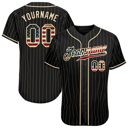 USA Baseball Jersey, Custom Black Cream Pinstripe Vintage USA Flag Cream Authentic Baseball Jersey, Team Jerseys Baseball
