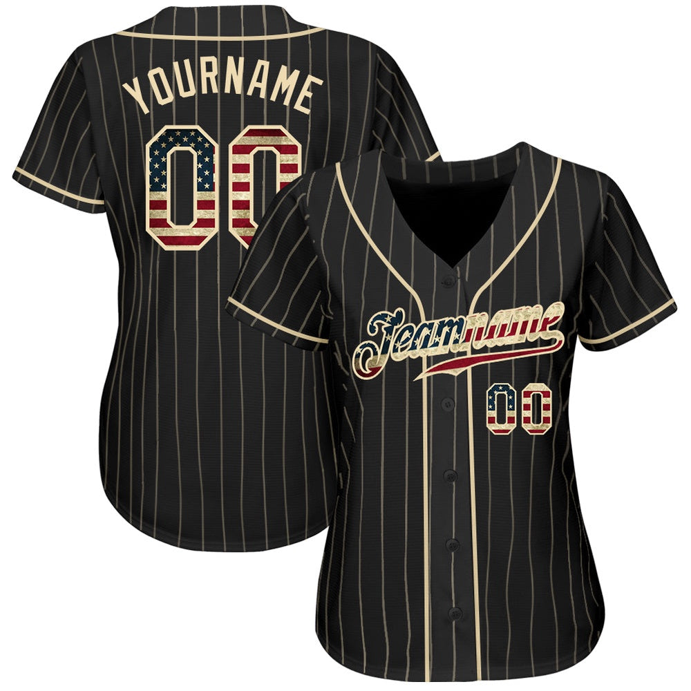 USA Baseball Jersey, Custom Black Cream Pinstripe Vintage USA Flag Cream Authentic Baseball Jersey, Team Jerseys Baseball