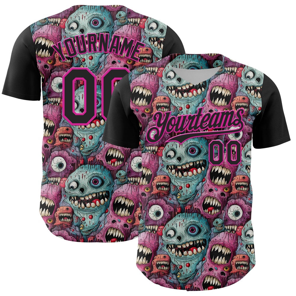 USA Baseball Jersey, Custom Black Deep Pink 3D Pattern Design Rave Monster Authentic Baseball Jersey, Team Jerseys Baseball