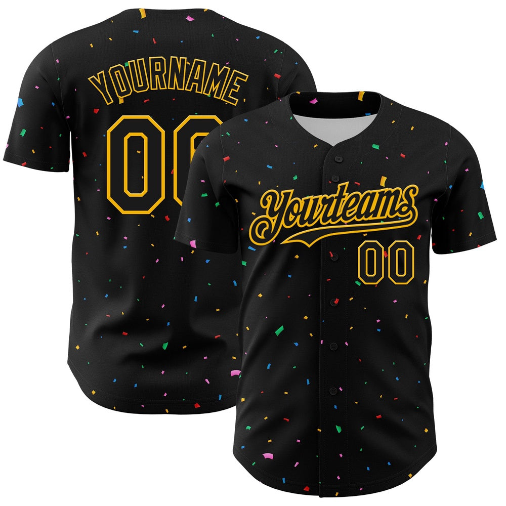 USA Baseball Jersey, Custom Black Gold 3D Pattern Design Confetti Authentic Baseball Jersey, Team Jerseys Baseball