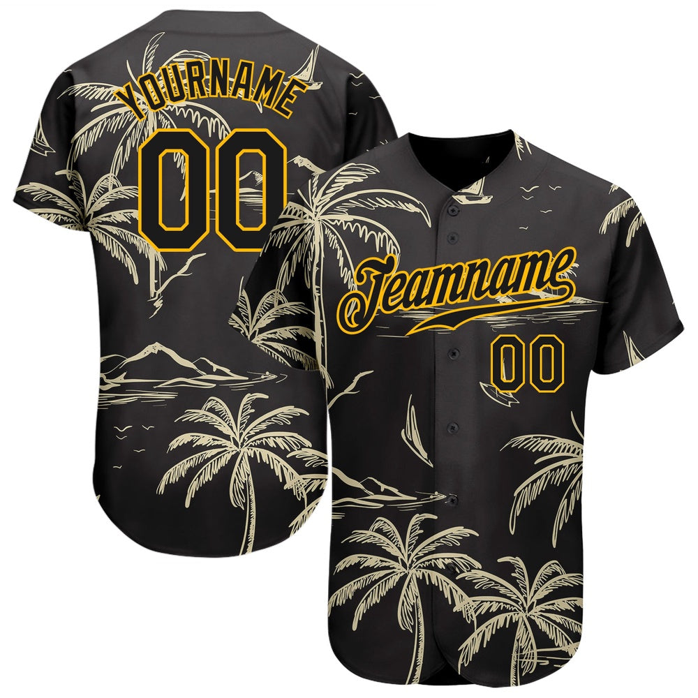 USA Baseball Jersey, Custom Black Gold 3D Pattern Design Hawaii Palm Trees Island And Sailboat Authentic Baseball Jersey, Team Jerseys Baseball