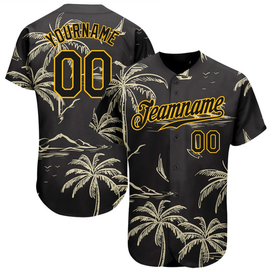 USA Baseball Jersey, Custom Black Gold 3D Pattern Design Hawaii Palm Trees Island And Sailboat Authentic Baseball Jersey, Team Jerseys Baseball