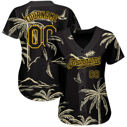 USA Baseball Jersey, Custom Black Gold 3D Pattern Design Hawaii Palm Trees Island And Sailboat Authentic Baseball Jersey, Team Jerseys Baseball