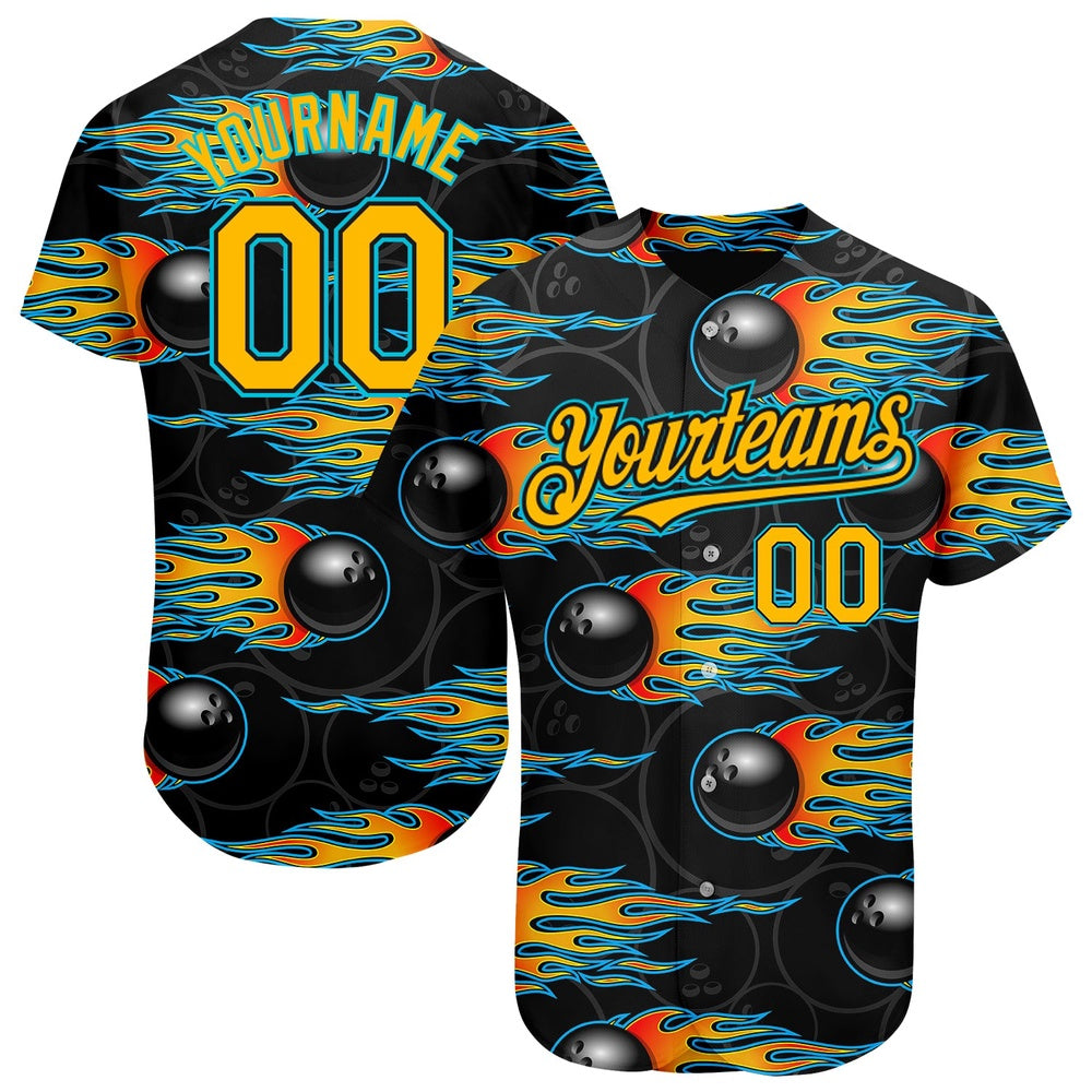 USA Baseball Jersey, Custom Black Gold Lakes Blue 3D Pattern Design Bowling Ball With Hotrod Flame Authentic Baseball Jersey