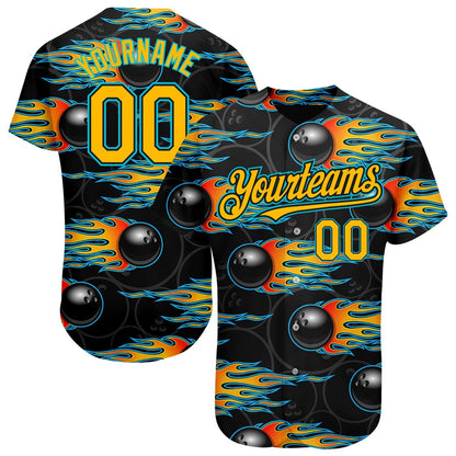 USA Baseball Jersey, Custom Black Gold Lakes Blue 3D Pattern Design Bowling Ball With Hotrod Flame Authentic Baseball Jersey