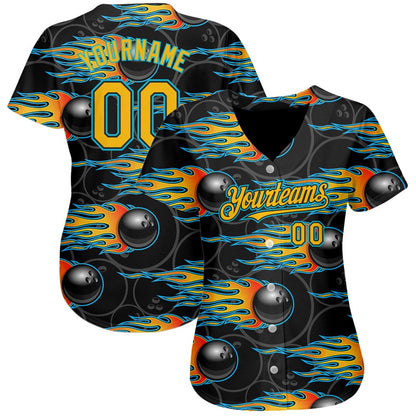 USA Baseball Jersey, Custom Black Gold Lakes Blue 3D Pattern Design Bowling Ball With Hotrod Flame Authentic Baseball Jersey