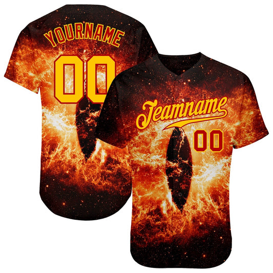 USA Baseball Jersey, Custom Black Gold Red 3D Pattern Design Burning Evil Eye In Space Authentic Baseball Jersey, Team Jerseys Baseball