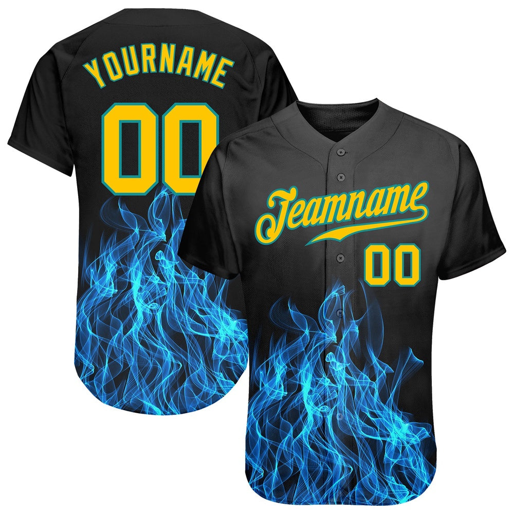 USA Baseball Jersey, Custom Black Gold Teal 3D Pattern Design Flame Authentic Baseball Jersey, Team Jerseys Baseball