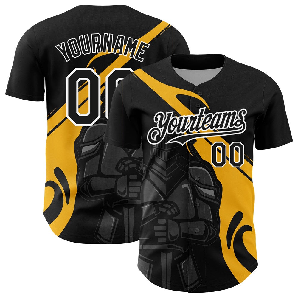 USA Baseball Jersey, Custom Black Gold White 3D Pattern Design Knight Hero Art Authentic Baseball Jersey, Team Jerseys Baseball