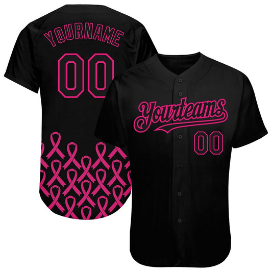 USA Baseball Jersey, Custom Black Hot Pink 3D Pink Ribbon Breast Cancer Awareness Month Women Health Care Support Authentic Baseball Jersey