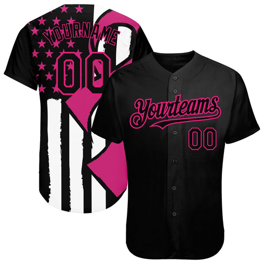 USA Baseball Jersey, Custom Black Hot Pink White 3D Pink Ribbon Breast Cancer Awareness Month Women Health Care Support Authentic Baseball Jersey