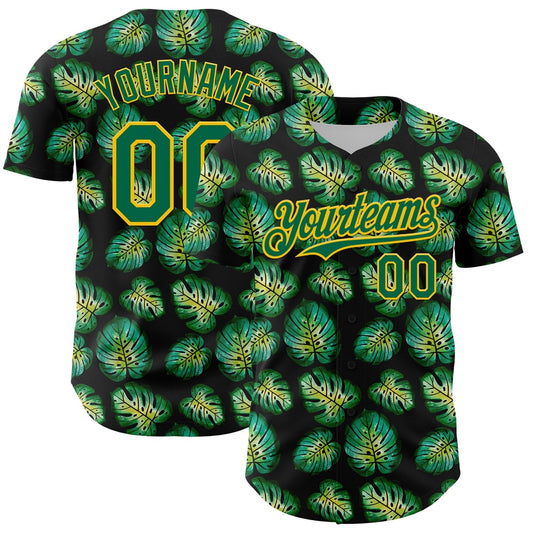 USA Baseball Jersey, Custom Black Kelly Green Gold 3D Pattern Design Tropical Monstera Authentic Baseball Jersey, Team Jerseys Baseball