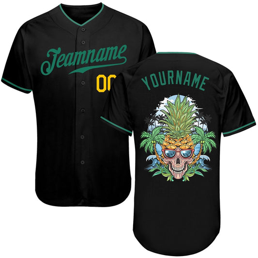 USA Baseball Jersey, Custom Black Kelly Green Gold Authentic Skull Pineapple Head Baseball Jersey, Team Jerseys Baseball