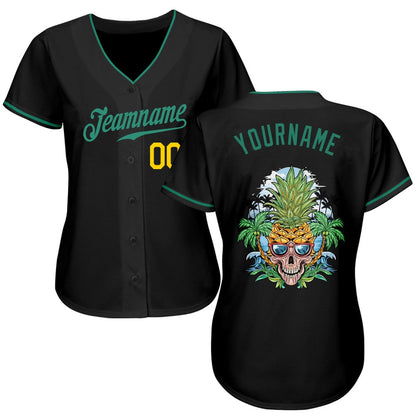 USA Baseball Jersey, Custom Black Kelly Green Gold Authentic Skull Pineapple Head Baseball Jersey, Team Jerseys Baseball