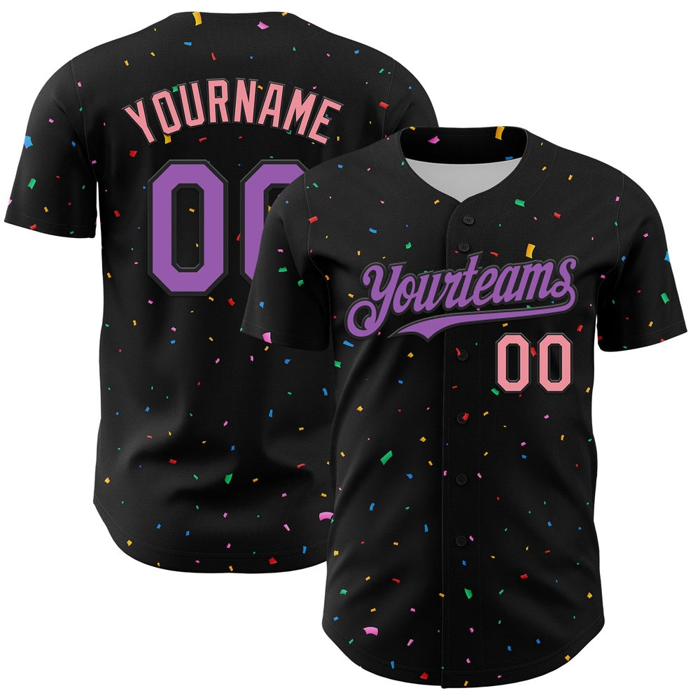 USA Baseball Jersey, Custom Black Medium Purple Medium Pink 3D Pattern Design Confetti Authentic Baseball Jersey, Team Jerseys Baseball