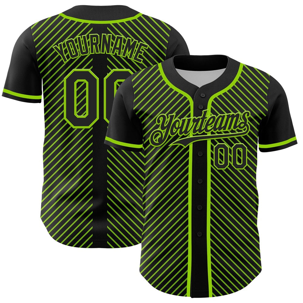 USA Baseball Jersey, Custom Black Neon Green 3D Pattern Design Diagonal Stripes Authentic Baseball Jersey, Team Jerseys Baseball