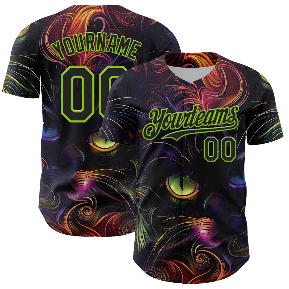 USA Baseball Jersey, Custom Black Neon Green 3D Pattern Design Rave Animal Cat Authentic Baseball Jersey, Team Jerseys Baseball