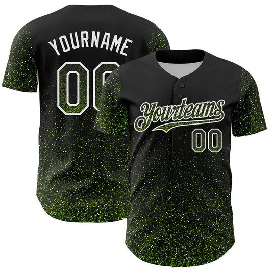 USA Baseball Jersey, Custom Black Neon Green White 3D Pattern Design Abstract Colorful Glittering Dot Authentic Baseball Jersey