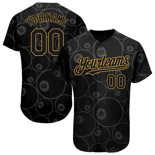 USA Baseball Jersey, Custom Black Old Gold 3D Pattern Design Billiards Snooker 8 Ball Authentic Baseball Jersey, Team Jerseys Baseball
