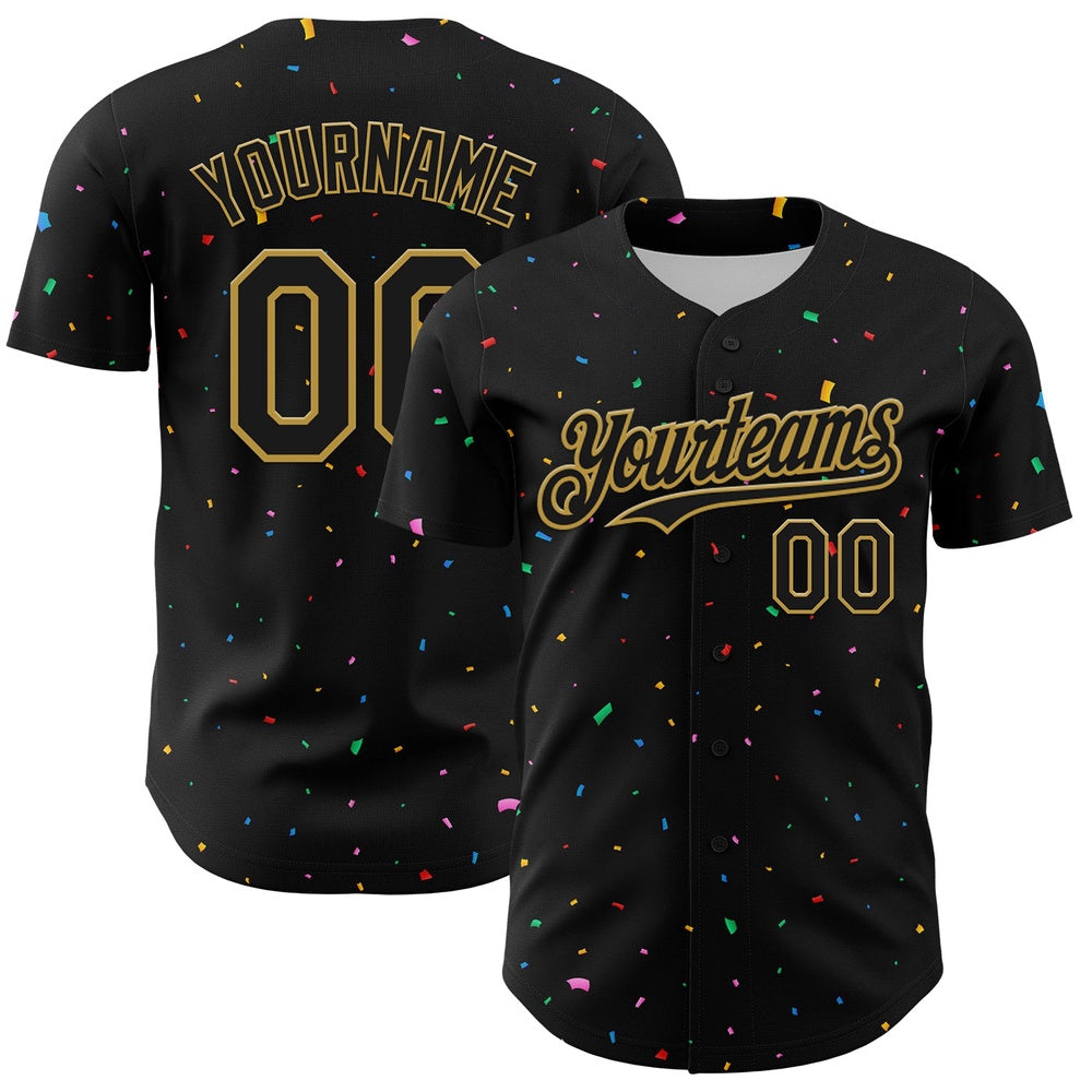 USA Baseball Jersey, Custom Black Old Gold 3D Pattern Design Confetti Authentic Baseball Jersey, Team Jerseys Baseball