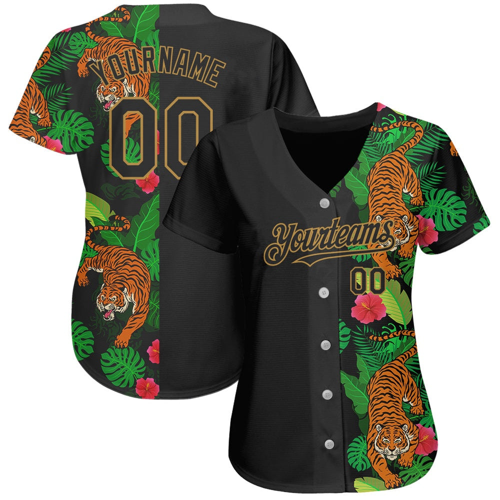 USA Baseball Jersey, Custom Black Old Gold 3D Pattern Design Hawaii Tropical Tiger Authentic Baseball Jersey, Team Jerseys Baseball