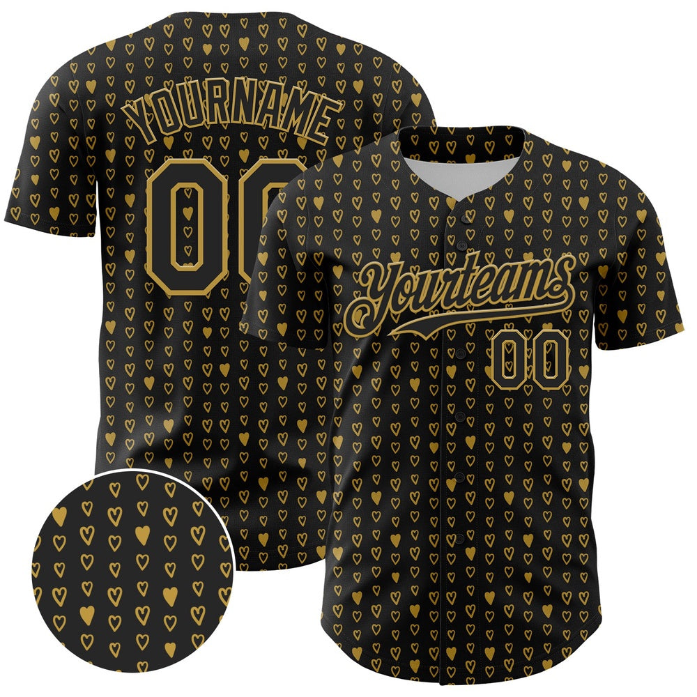 USA Baseball Jersey, Custom Black Old Gold 3D Pattern Design Hearts Authentic Baseball Jersey, Team Jerseys Baseball