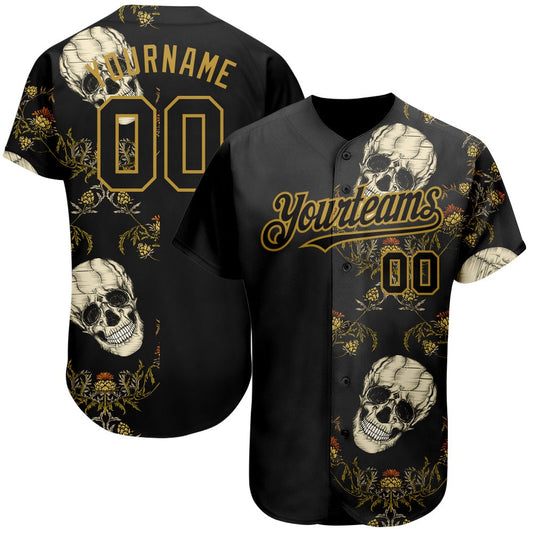 USA Baseball Jersey, Custom Black Old Gold 3D Plant And Skull Fashion Authentic Baseball Jersey, Team Jerseys Baseball