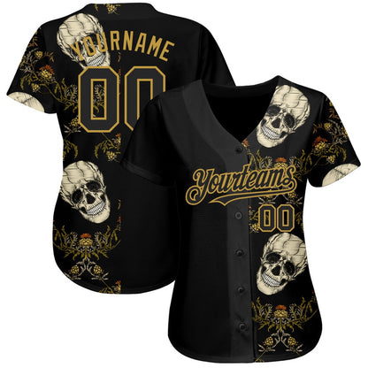 USA Baseball Jersey, Custom Black Old Gold 3D Plant And Skull Fashion Authentic Baseball Jersey, Team Jerseys Baseball