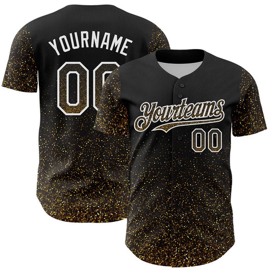 USA Baseball Jersey, Custom Black Old Gold White 3D Pattern Design Abstract Colorful Glittering Dot Authentic Baseball Jersey