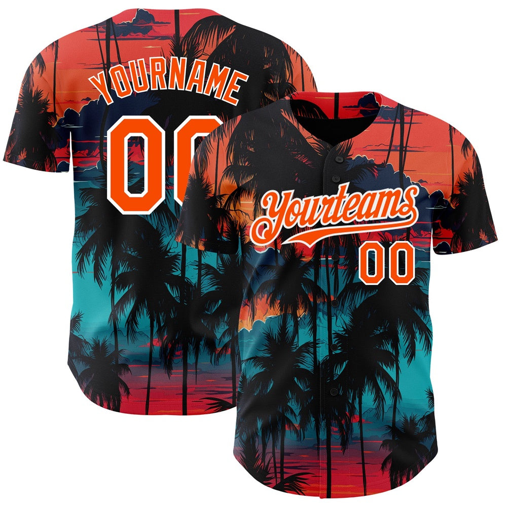 USA Baseball Jersey, Custom Black Orange White 3D Pattern Design Tropical Hawaii Palms Trees Authentic Baseball Jersey, Team Jerseys Baseball